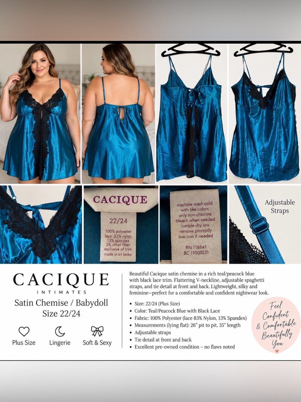 Cacique 22/24 Teal Satin Black Lace Chemise Babydoll Plus Size Lingerie